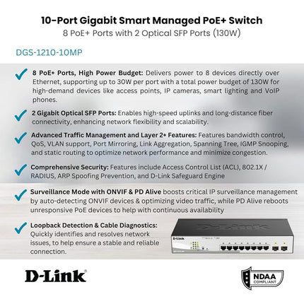 D-Link DGS-1210-10MP 10-Port Gigabit Smart Managed PoE Switch with 2 Gigabit SFP Ports, 130 W Power Budget, Enhanced L2 Switching and Security