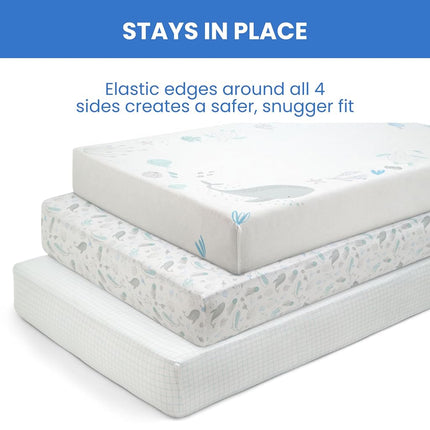 Delta Children Fitted Crib Sheets for Girls and Boys - 100% Organic Cotton Crib Sheet for Standard Crib and Toddler Mattresses - 28x52 Inch - GOTS Certified (Pack of 3), Sea Life