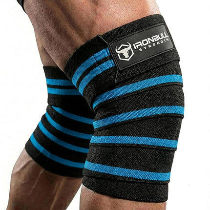Rodilleras elásticas Iron Bull Strength (1 par) - Soporte y compresión elásticos de 80" - Para levantamiento de pesas, powerlifting, fitness, WOD de CrossFit y entrenamiento de gimnasio - Rodilleras para sentadillas (negro/azul)