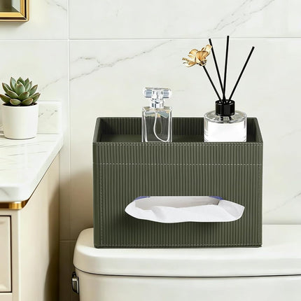 Cretkhp Rectangular Tissue Box Cover with Storage Tray, PU Leather Tissue Box Holder for Bathroom Vanity Countertop Night Stands Bedroom Office Desk, Stylish Tissue Holder Decorative Organizer (Green)