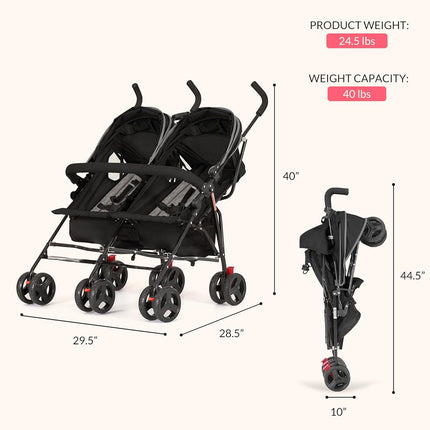 Dream On Me Volgo Twin Baby Stroller, Lightweight Side-by-Side Double Umbrella Stroller with Adjustable Canopy, 5-Point Harness, Storage Basket & Travel-Friendly Fold – Black