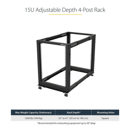 StarTech 15U 4-Post Open Frame Rack, 19in, 22-40in, 544kg/1200lb, 30in tall