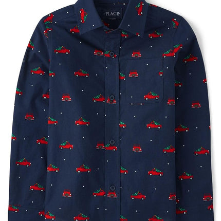 Chemise boutonnée à manches longues pour garçon The Children's Place, imprimé camion de Noël, taille M