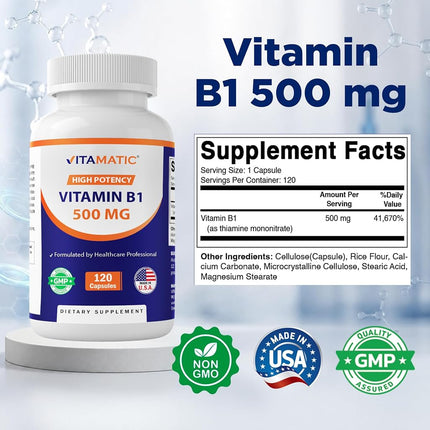 2 Pack - Vitamatic Vitamin B1 (Thiamine) 500mg, 120 Capsules