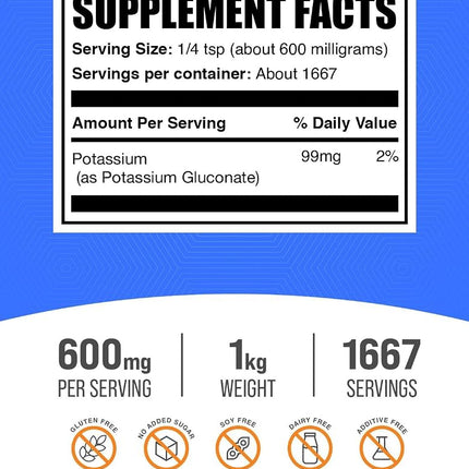 BulkSupplements.com Potassium Gluconate Powder - Potassium Supplement, Mineral Supplement - Gluten Free, 600mg per Serving, 1kg (2.2 lbs) (Pack of 1)