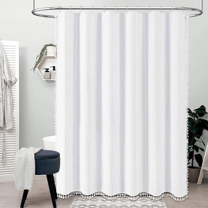 BTTN 72 x 80 Boho Famrhouse Linen Heavy Duty Cloth Shower Curtain, White