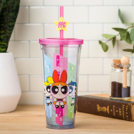 Silver Buffalo Power Puff Girls Trio 24oz Plastic Cold Cup w/Lid and Topper Straw