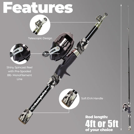 DaddyGoFish Kids Fishing Pole - Rod Reel Combo Tackle Box Starter Set - First Year Small Dock Gear Kit for Boys Girls Toddler Youth Age Beginner Little Children Junior Anglers (Black, 4ft)