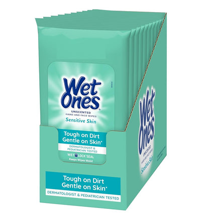 Lingettes mains et visage Wet Ones peaux sensibles, paquet de voyage de 20 lingettes (lot de 10)