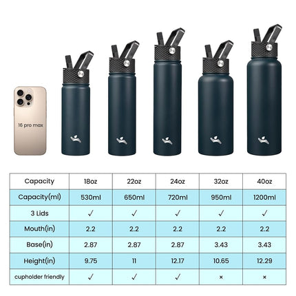 Konokyo Insulated Water Bottle with Straw,18oz 3 Lids Metal Bottles Stainless Steel Water Flask,Navy Blue