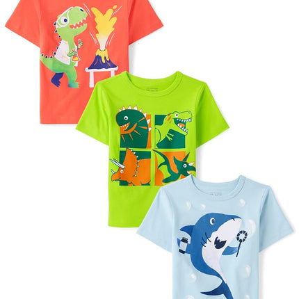 The Children's Place Baby and Toddler Boys' Dino Short Sleeve Graphic T-Shirts, Multipack, Shark Bubbles/Dino Volcano/Dinos, 3T
