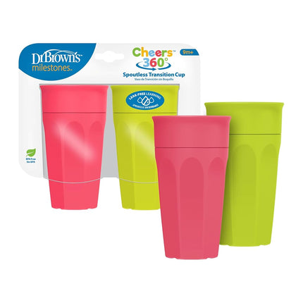 Tasse d'apprentissage sans bec Cheers 360 Dr. Brown's, 9 mois et plus, 295 ml, Rose/Turquoise, Lot de 2