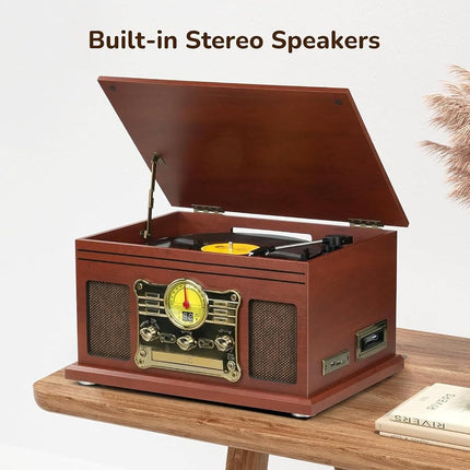 FEKTIK 10 in 1 Bluetooth Record Player, 3-Speed Turntable for Vinyl with Speakers, LP to MP3 Converter, CD, Cassette Player, FM Radio, Wireless Streaming | Mahogany
