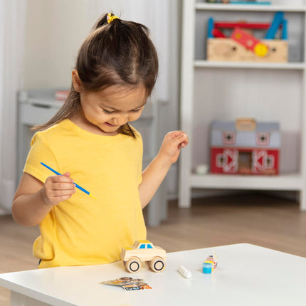Melissa & Doug ¡Creado por mí! Kit de manualidades de madera para pintar y decorar tus propios vehículos para niños, paquete de 2: Camión monstruo, Tren