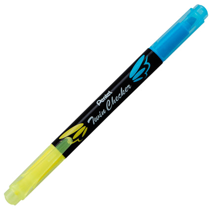 Pentel Twin Checker Marcador doble, Punta cincel, Tinta amarilla/azul, Paquete de 12 (SLW8-GS)