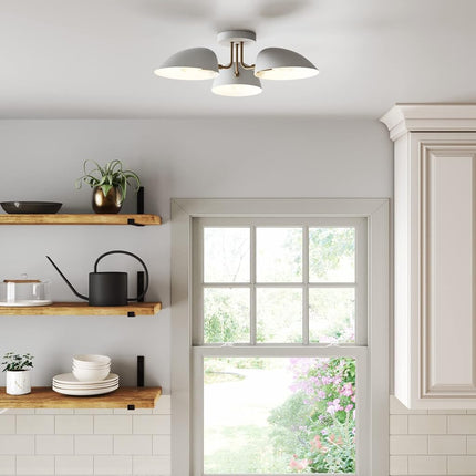 Nathan James Argo Semi Mount Flush Ceiling Light, 3-Lights Modern Retro Lighting with White Rounded Shades for Hallway, Dining Room and Bedroom, Brass Gold/White