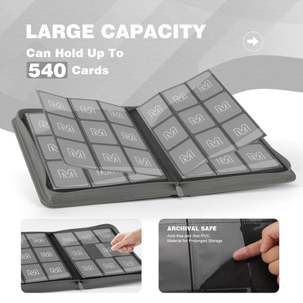 Trading Card Binder with 9 Side Loading Pocket Card Album Hold Up to 540 Cards PU Card Collection Binder, Collectible Albums Card Folder for MTG, TCG, Sports Cards（Dark grey）
