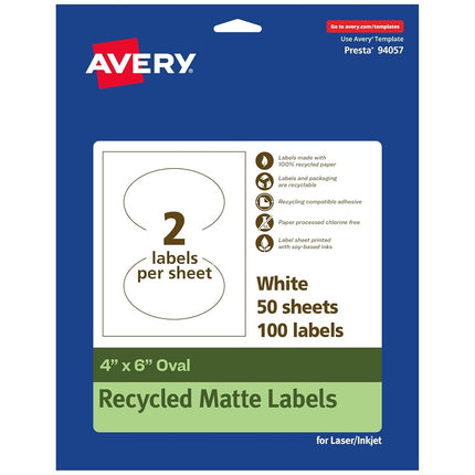 Etiquetas ovaladas Avery EcoFriendly mate blancas recicladas, 4" x 6", impresión hasta el borde, etiquetas blancas mate, adhesivo permanente, imprimibles con láser/inyección de tinta, 100 en total