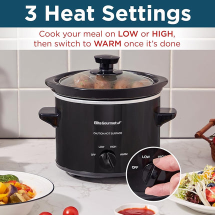 Elite Gourmet MST239X Dishwasher-Safe Glass Lid & Ceramic Pot Electric Slow Cooker, AdjCatable Temp, Entrees, Sauces, Stews and Dips, 2 Qt Capacity, Black