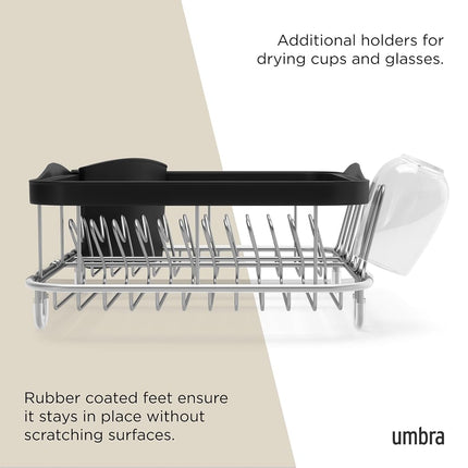 Umbra Sinkin Dish Drying Rack – Drainer with Cup Holders and Removable Cutlery Caddy – Use Over Sink, In Sink, or On Counter, Deluxe, Black/Nickel