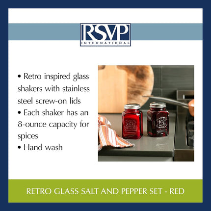 RSVP International Jumbo Retro Glass Salt & Pepper, Screw On Stainless Steel Lid, Each Shaker Holds 8 Ounces, 2.25x2.25x4.7, Red