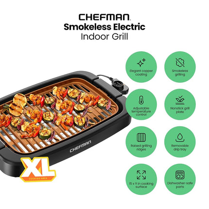 Parrilla eléctrica de interior sin humo Chefman con superficie antiadherente y perilla de temperatura ajustable de tibio a sellado para asado personalizado, bandeja de agua extraíble apta para lavavajillas, negra, 150 pulgadas cuadradas