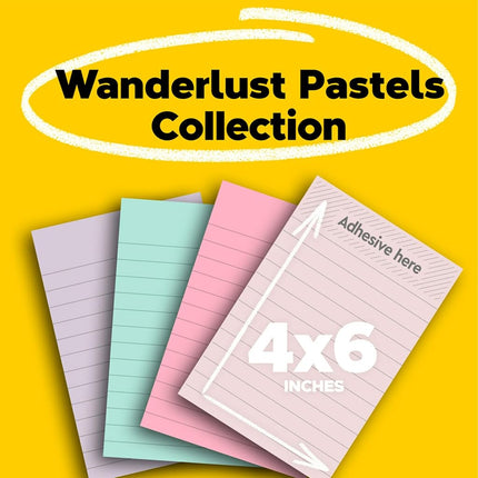 Post-it 100% Recycled Paper Super Sticky Notes, 2X The Sticking Power, 4x6 in, Lined, 4 Pads/Pack, 45 Sheets/Pad, Wanderlust Pastels Collection (4621R-4SSNRP)