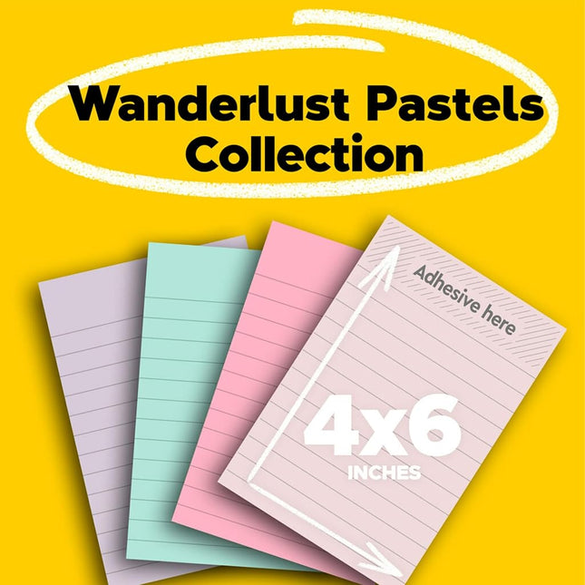 Post-it 100% Recycled Paper Super Sticky Notes, 2X The Sticking Power, 4x6 in, Lined, 4 Pads/Pack, 45 Sheets/Pad, Wanderlust Pastels Collection (4621R-4SSNRP)