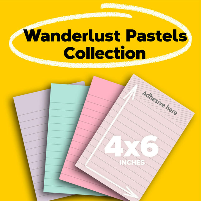 Post-it 100% Recycled Paper Super Sticky Notes, 2X The Sticking Power, 4x6 in, Lined, 4 Pads/Pack, 45 Sheets/Pad, Wanderlust Pastels Collection (4621R-4SSNRP)