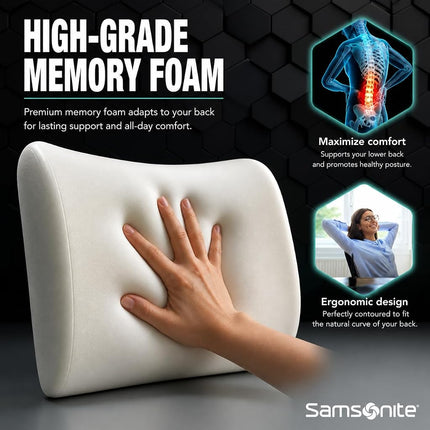 Samsonite SA5243 - Ergonomic Lumbar Support Pillow - Helps Relieve Lower Back Pain - 100% Pure Memory Foam - Improves Posture - Fits Most Seats - Breathable Mesh - Washable Cover - Adjustable Strap