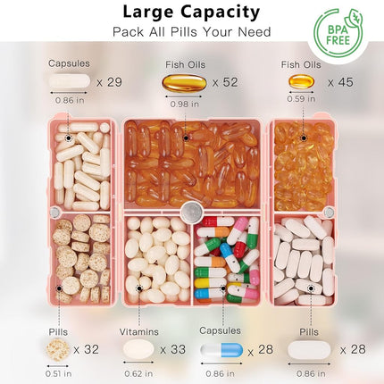 FYY Daily Pill Organizer,2PCS 7 Compartments Portable Pill Case Travel Pill Organizer,[Folding Design] Pill Box Purse Pocket to Hold Vitamins,Cod Liver Oil,Supplements Medication-Pink+Navy Clear/Navy