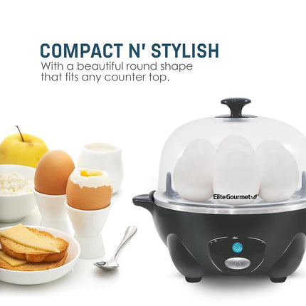 Elite Gourmet EGC710DKG Rapid Egg Cooker, 7 Easy-To-Peel, Hard, Medium, Soft Boiled Eggs, Poacher, Omelet Maker, Auto Shut-Off, Alarm, 16-Recipe Booklet, BPA-Free, Ash