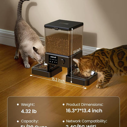 oneisall 5G WiFi Automatic Cat Feeder for 2 Cats, App Control, 20 Cups/5L