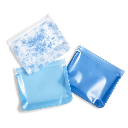 Sacs à sandwich réutilisables Fit & Fresh (Lot de 3) – Sacs de conservation alimentaire réutilisables, étanches, sans BPA, compatibles congélateur, écologiques pour snacks, déjeuner, préparation de repas, Toile florale bleue