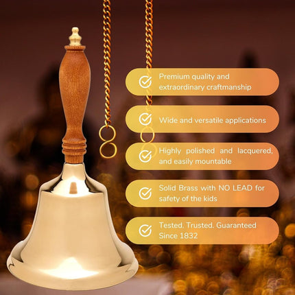 Bevin Bells Solid Brass Hand Bell | 2HB | New England Hardwood Handle | Elegant Hand Call Bell | Noise Makers | Loud Brass Bells | Easy to Grip Handle | Teacher Handheld Bell | Made in CT, USA