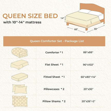 Sasttie Pintuck Comforter Set, 7-Piece Bed in a Bag, Queen, Beige