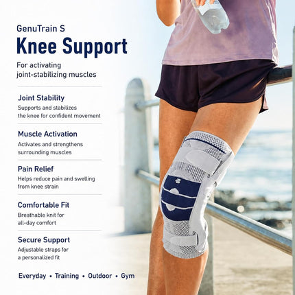 Bauerfeind GenuTrain S - Knee Support - Unisex - For Increased Stabilisation of the Knee Joint after Injury, Surgery or for Chronic Conditions Such as Knee Osteoarthritis or Arthritis - Right Knee - Size 4 - Black