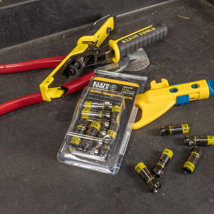 Klein Tools 80151 Klein Tools 80151 Coax Cable Compression Crimper and Stripper Set with 10-Pack of RG6/6Q F-Connectors for Fast and Reliable Installation, 3-Piece