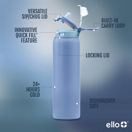 Ello Pop & Fill 22 oz Stainless Steel Water Bottle with Quickfill Technology, Double Wall Vacuum Insulated Leak-Proof Locking Lid, Reusable, BPA Free, Raincloud
