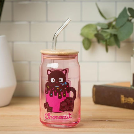Silver Buffalo Sanrio Hello Kitty & Friends Chococat Chocolate Pink Glass Jar Tumbler with Bamboo Lid and Glass Straw, 16 Ounces