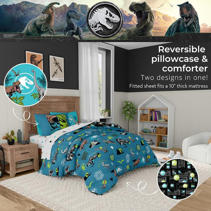 Franco Jurassic World Kids Bedding Super Soft Cozy Reversible Microfiber Comforter and Sheet Set with Sham, 7 Piece Full Size, (Officially Licensed Product)