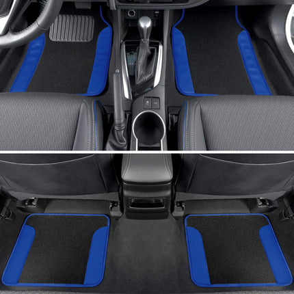 BDK Combo Sport Accent Fresh Design Matching All Protective Car Seat Covers (2 Front 1 Bench) with Heavy Protection Sleek Graphic Auto Carpet Floor Mats (4 Set) - Blue Accent