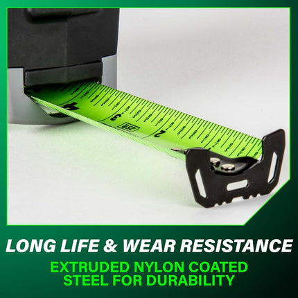 Metabo HPT Measuring Tape, 25' TruRange, Long Reach 17-ft, High Visibility Green Blade, 1/8" Incremental Fractions, Durable Extruded Nylon Coated Steel, Lightweight Design, 115925M