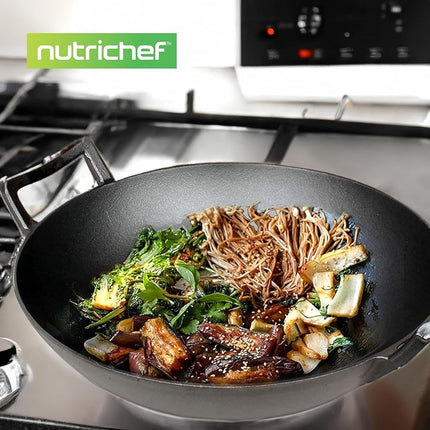 Nutrichef Pre-Seasoned Cast Iron Pan-5.5L Heavy Duty Non-Stick Chinese Wok or Stir Fry Skillet w/Wooden Lid, for Electric Stove Top, Induction, Large, Black