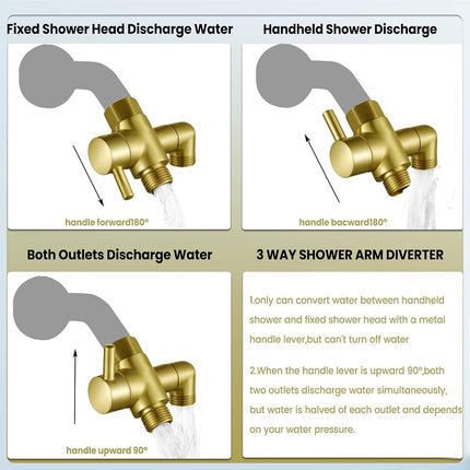 Metal Shower Diverter Valve, YDmeet 3 Way Shower Head Diverter for Handheld Showerhead and Fixed Rainfall Shower Head, Universal G1/2 Bathroom Shower System Replacement Part, Brushed Gold