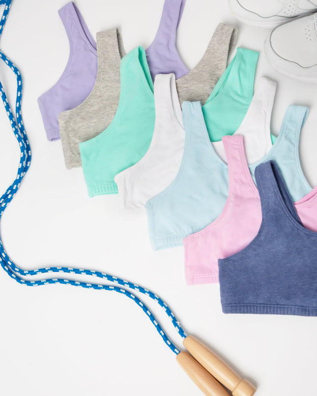 Fruit of the Loom – Soutien-gorge de sport en coton extensible à bretelles multiples pour filles, offert en paquets de 6, couleurs hyacinthe/fard à paupières/gris chiné/blanc/lilas/rose rougissant, taille 34