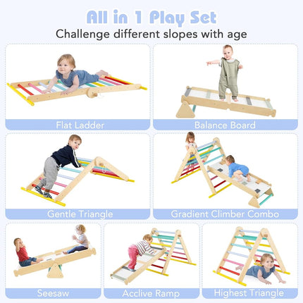 OLAKIDS Pikler Triangle Set 7 in 1 Climbing Toys for Toddlers Foldable Baby Wood Montessori Jungle Gym with Angle Adjustable Ladder Seesaw Ramp Indoor Playground (Colorful)