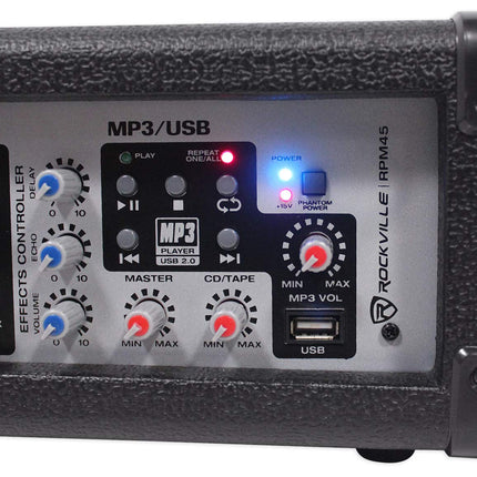Rockville RPM45 Console de mixage/amplificateur 4 canaux amplifiée 2400 W avec USB/EQ/effets/Phantom