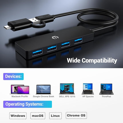 oditton USB Hub, Plug and Play 4-Port USB 3.0 Hub, Featuring a 4 Port USB 3.0 Hub with 5Gbps Transfer Speed and a USB to USB C Adapter, Compatible with Mac Air/Pro, HP, and More