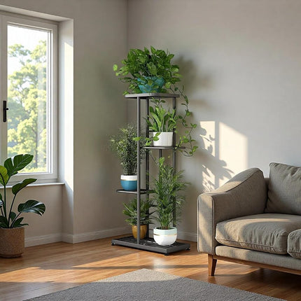 LINZINAR Metal 4 Tier 5 Potted Plant Stand Indoor Outdoor Planter Display Shelf for Patio Garden Corner Balcony Living Room